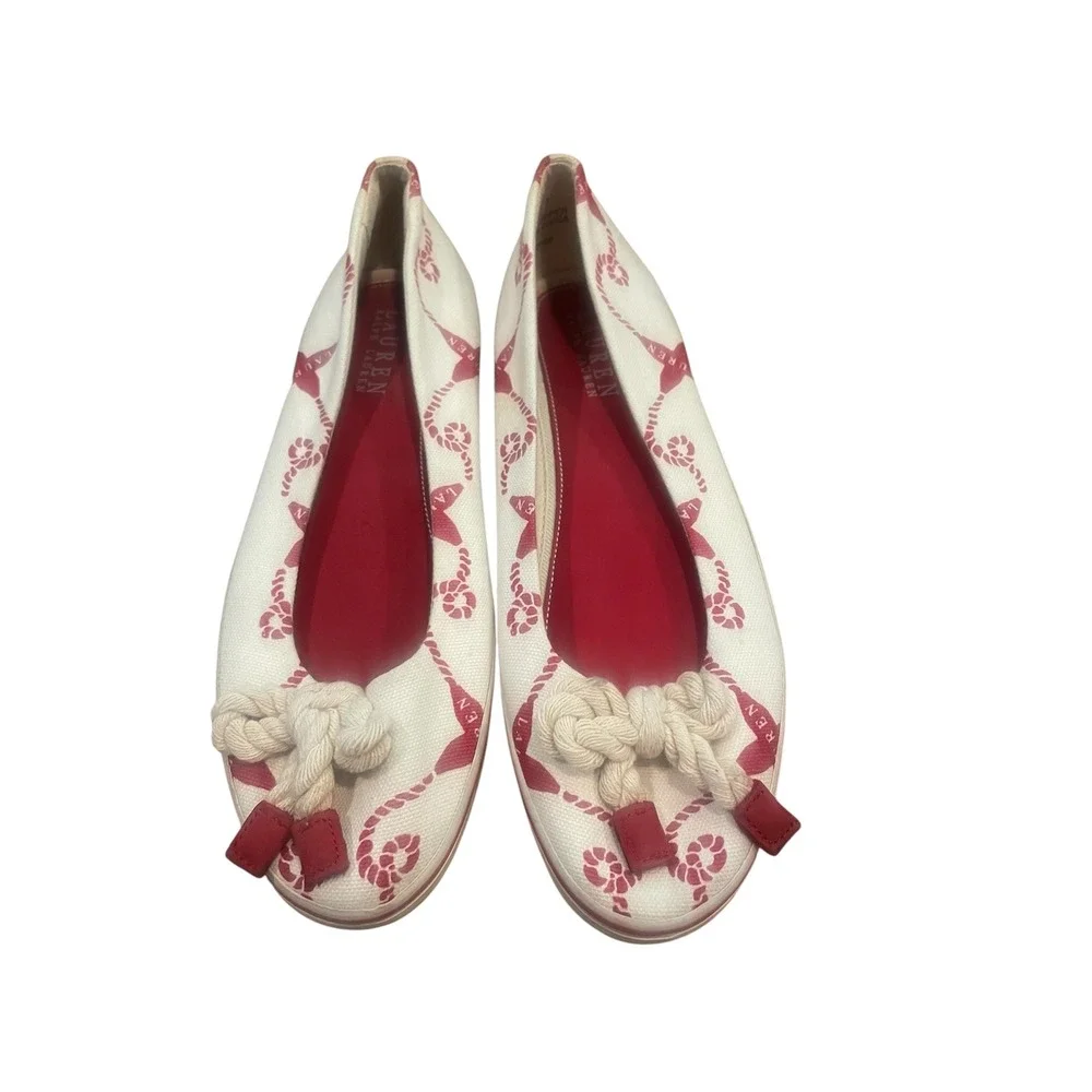 Lauren Ralph Lauren Emilia Ballet Flats Nautical‎ Rope Bow White Pink 8.5